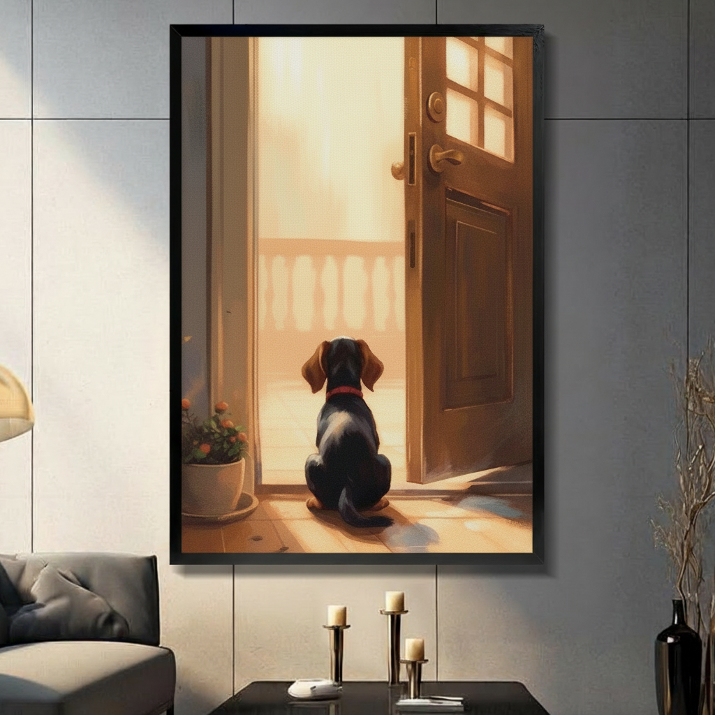 Waiting Dog Open Door Warm Canvas Wall Art