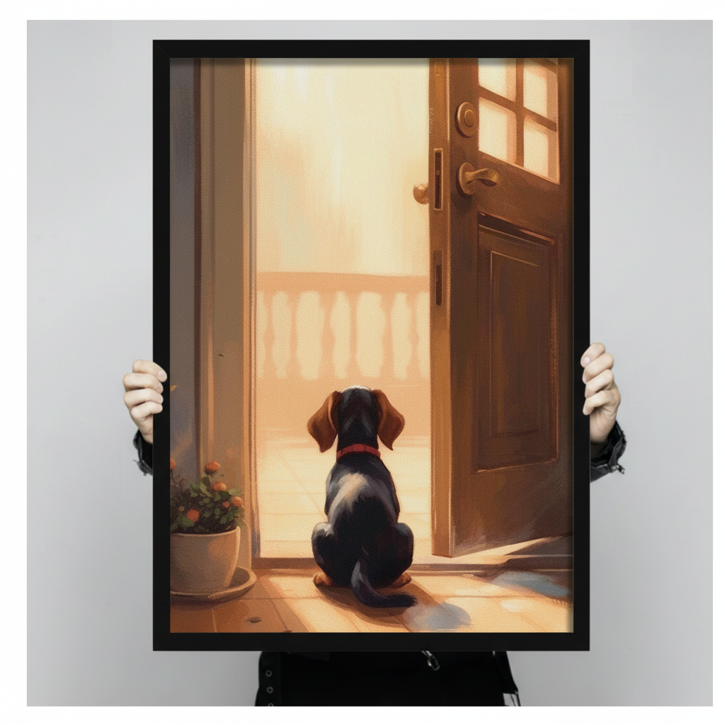 Waiting Dog Open Door Warm Canvas Wall Art