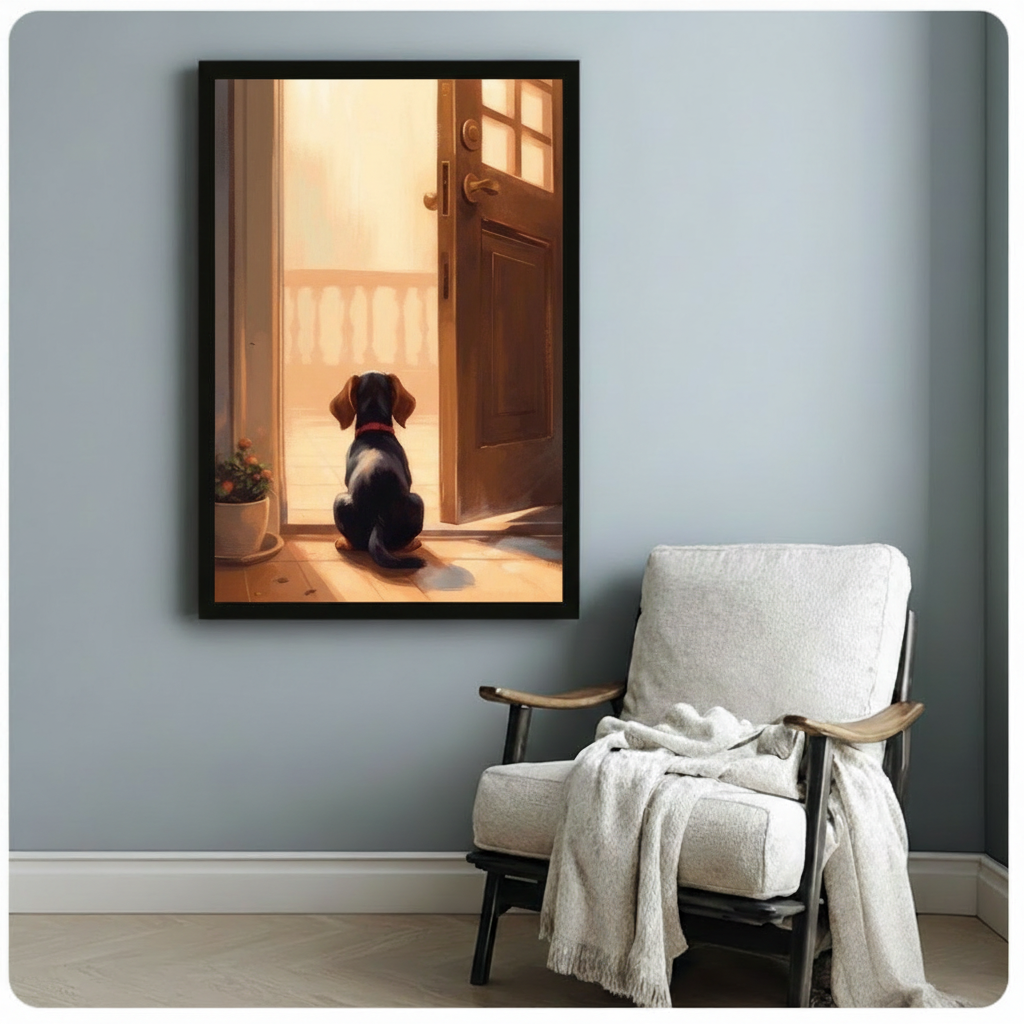 Waiting Dog Open Door Warm Canvas Wall Art