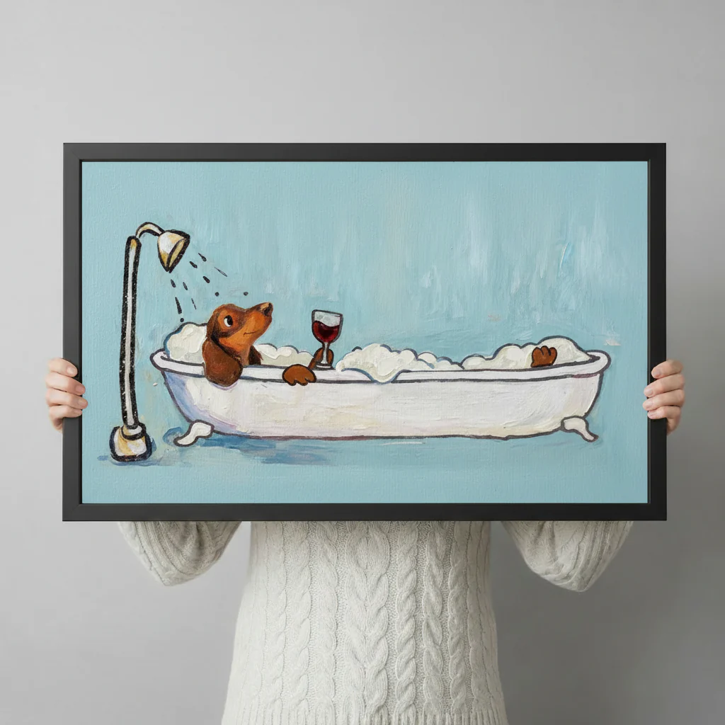 Dachshund Bubble Bath Wine Canvas Wall Art