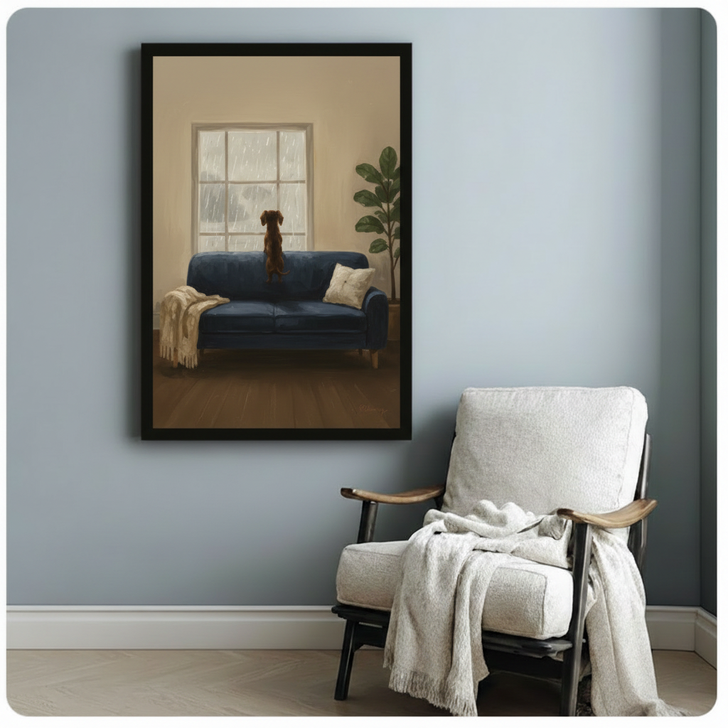 Dachshund Blue Sofa Rainy Window Canvas Art Wall Art