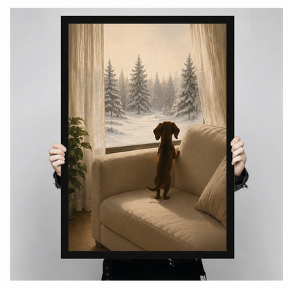 Dachshund Snow Forest Window Canvas Wall Art