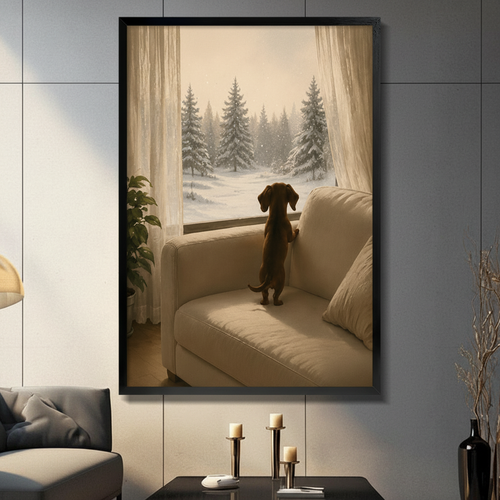 Dachshund Snow Forest Window Canvas Wall Art