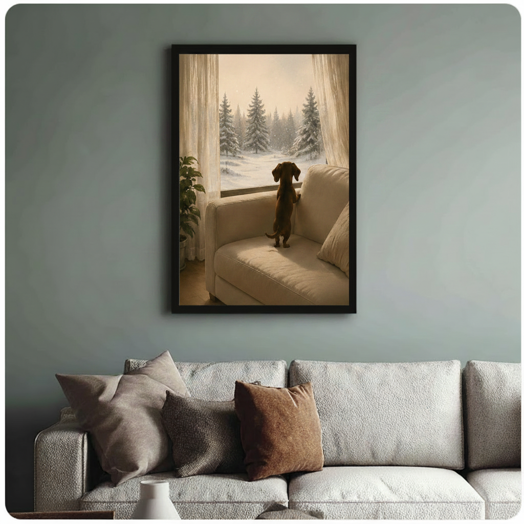 Dachshund Snow Forest Window Canvas Wall Art