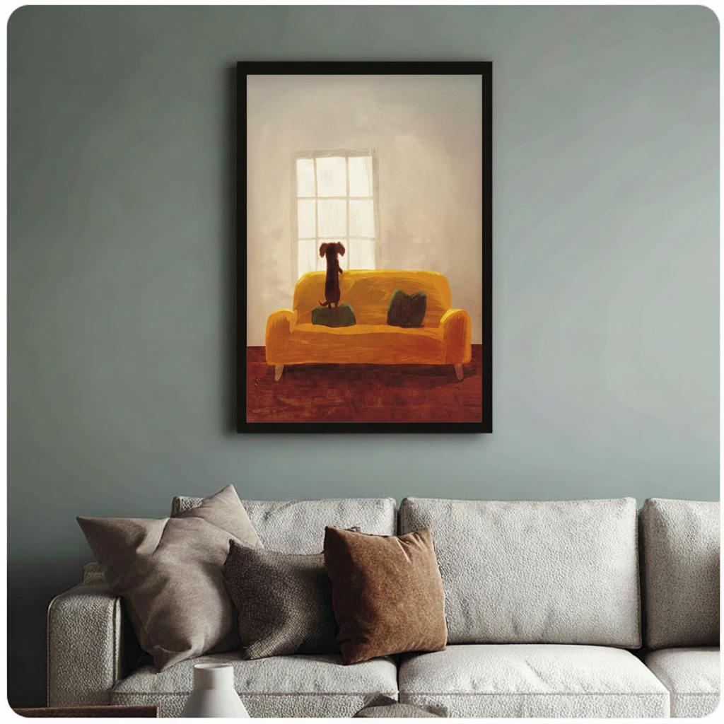 Cozy Dachshund on Sofa Wall Art – Warm Home Scene Dog Canvas Print on Natural Wood Frame