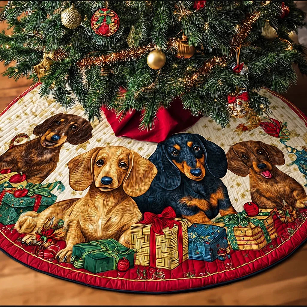 Dachshunds Gathering Christmas Quilted Tree Skirt