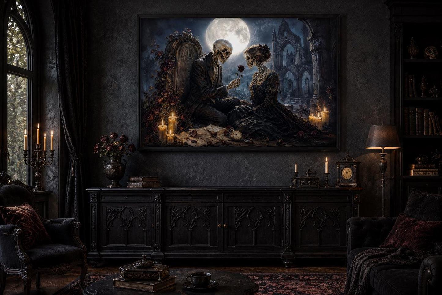Gothic Skeleton Couple Art - Romantic Gothic Canvas for Dark Academia Wall