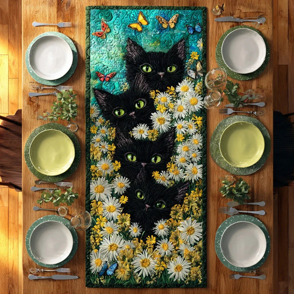 Daisy Cat Garden Quilted Table Runner