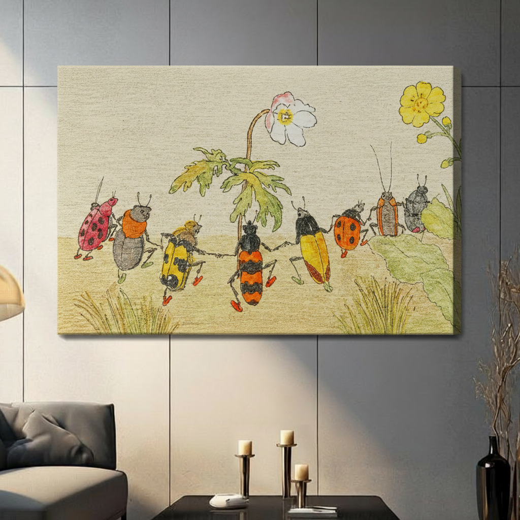 Whimsical Beetles Dance Vintage Canvas Art Wall Art