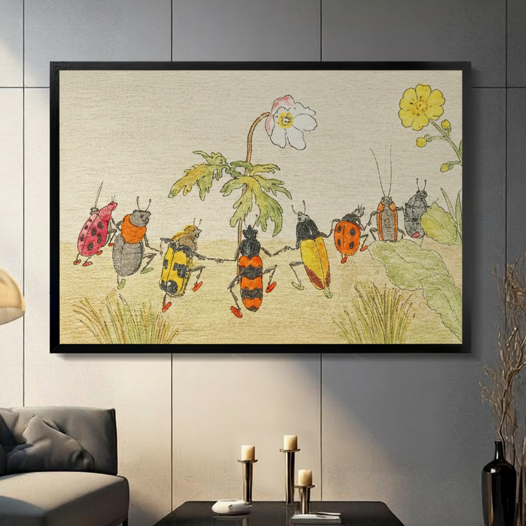 Whimsical Beetles Dance Vintage Canvas Art Wall Art