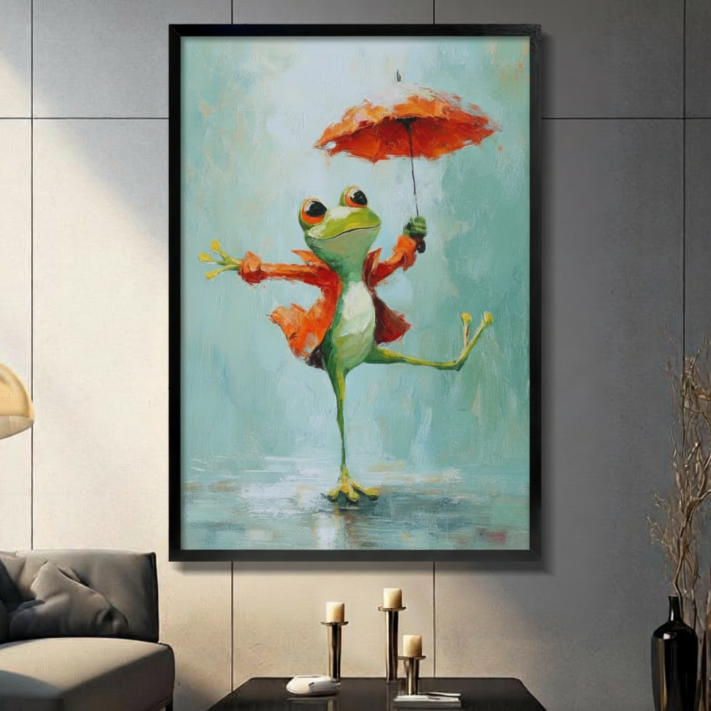 Whimsical Frog Rain Dance Canvas Art Wall Art