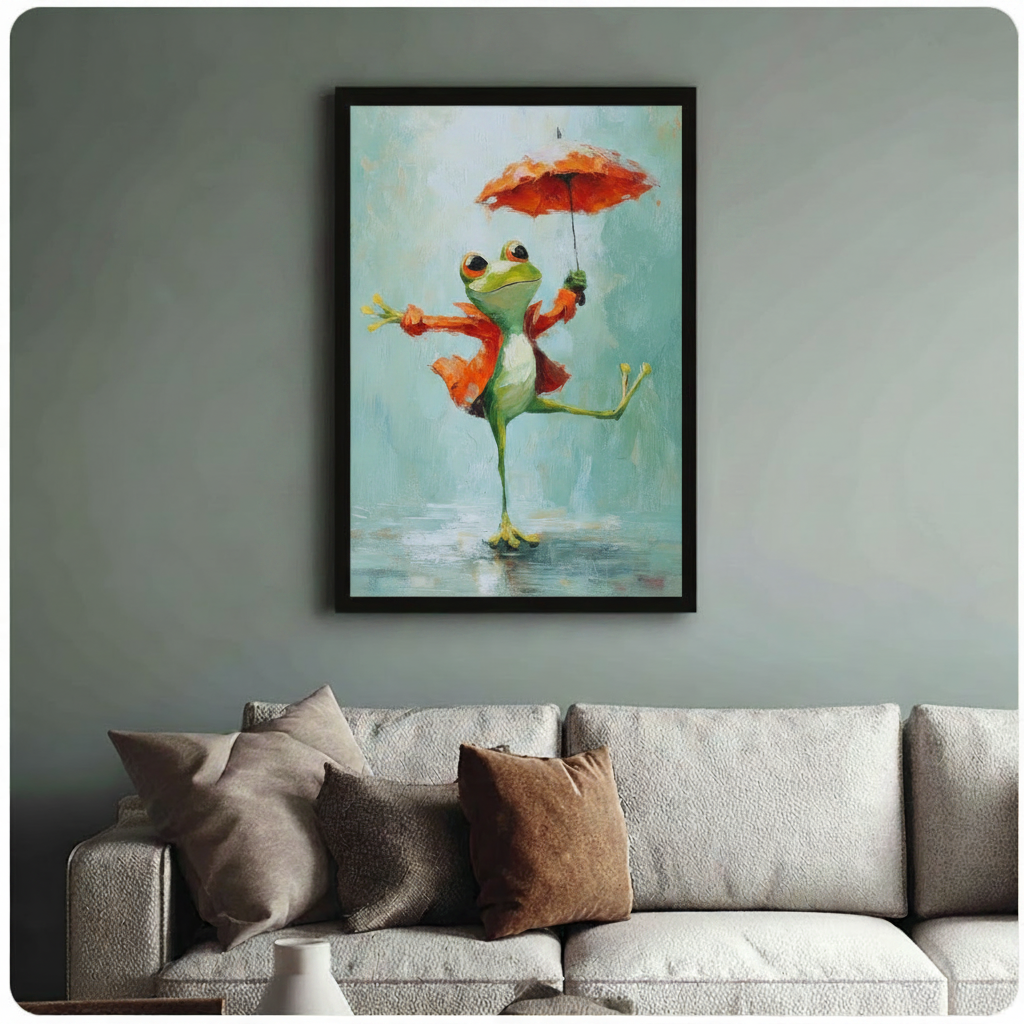 Whimsical Frog Rain Dance Canvas Art Wall Art