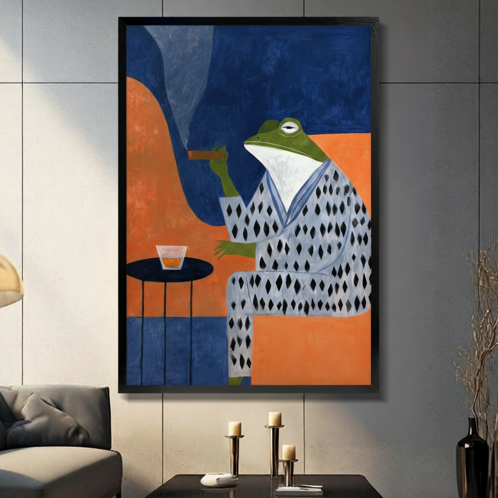 Dapper Frog Kimono Whiskey Framed Canvas Art Wall Art