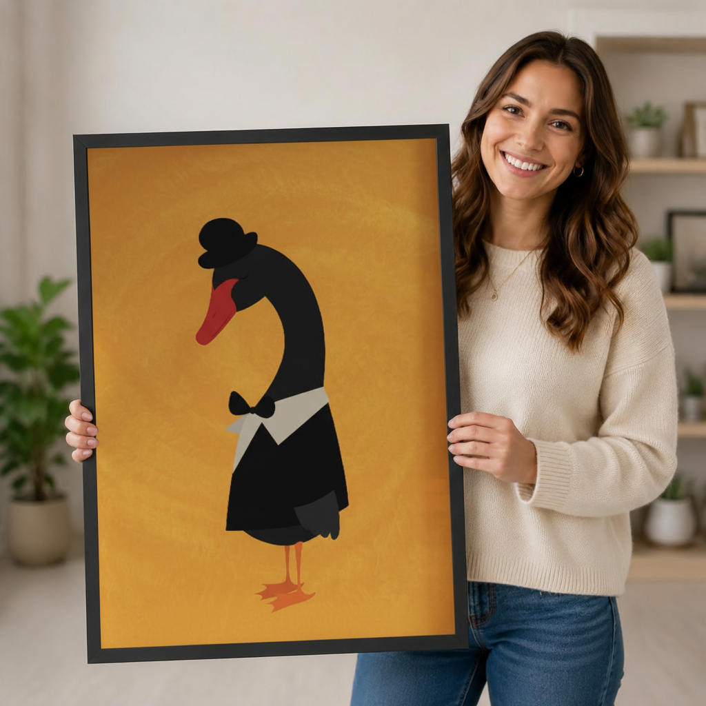 Dapper Black Swan Gentleman Framed Canvas Wall Art