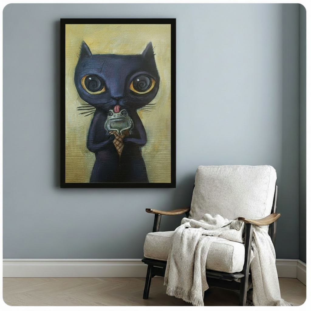 Dark Cat Surreal Frog Ice Cream Canvas Art Wall Art
