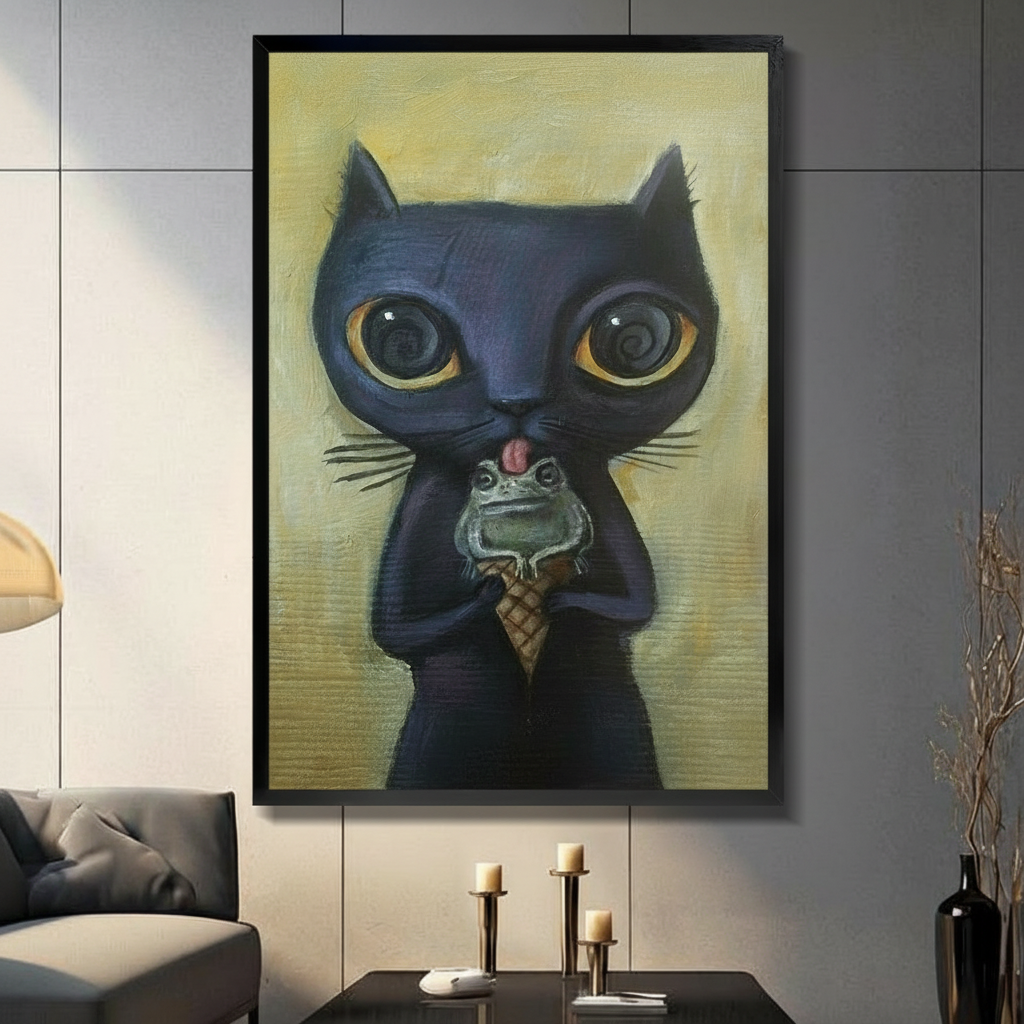Dark Cat Surreal Frog Ice Cream Canvas Art Wall Art