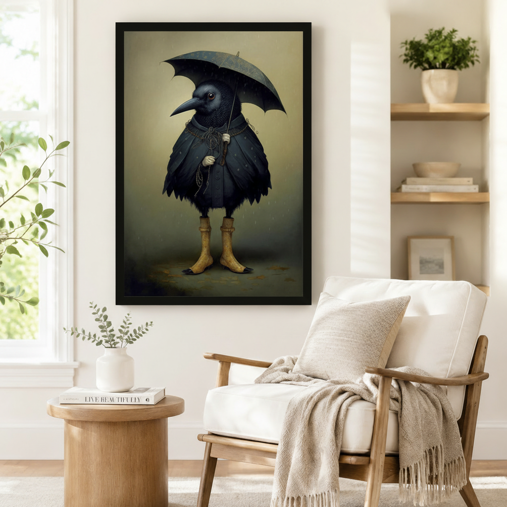 Gothic Crow Umbrella Whimsical Canvas Wall Art