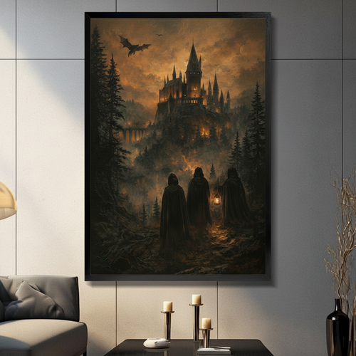 Dark Gothic Castle Cloaked Figures Canvas Wall Art