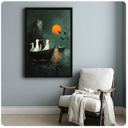 Geese Boat Orange Moon Dark Canvas Art Wall Art