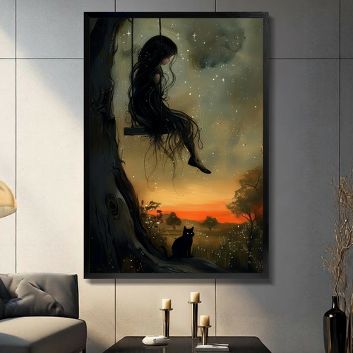 Dark Girl Swing Black Cat Canvas Wall Art