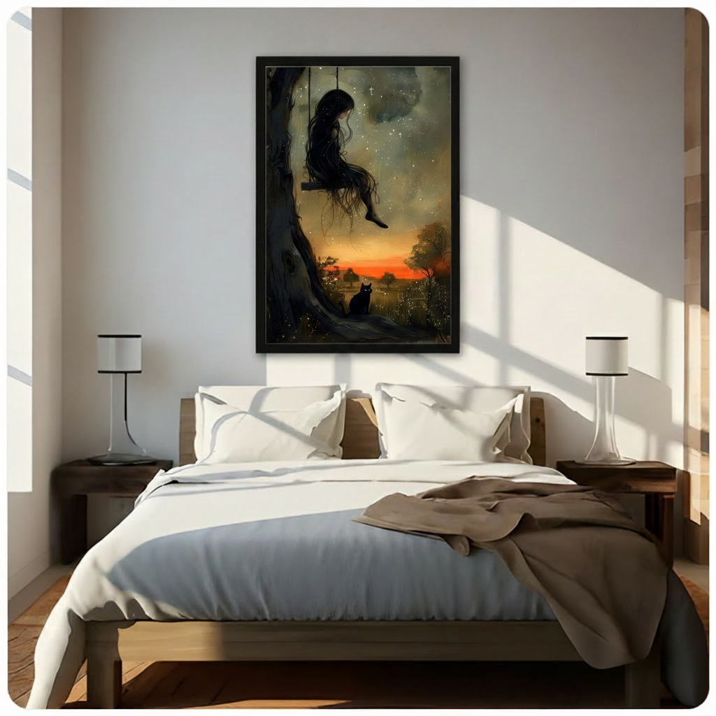 Dark Girl Swing Black Cat Canvas Wall Art
