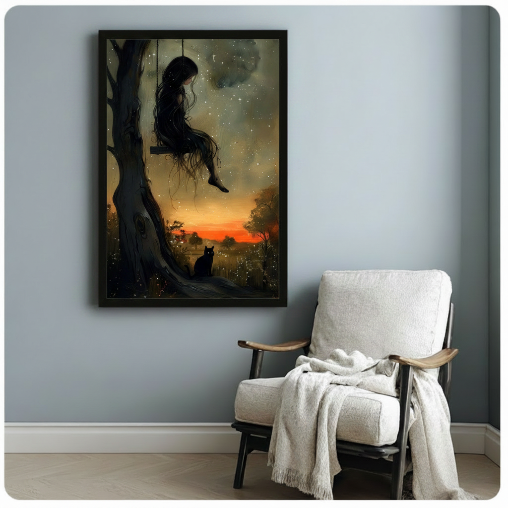 Dark Girl Swing Black Cat Canvas Wall Art