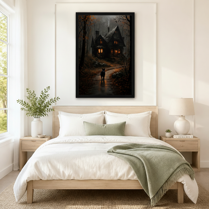Gothic Black Cat Haunted House Canvas Wall Art