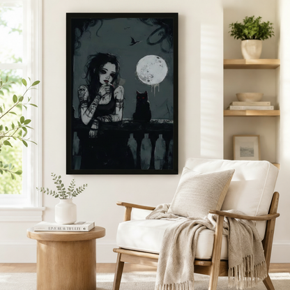 Gothic Moon Black Cat Canvas Wall Art