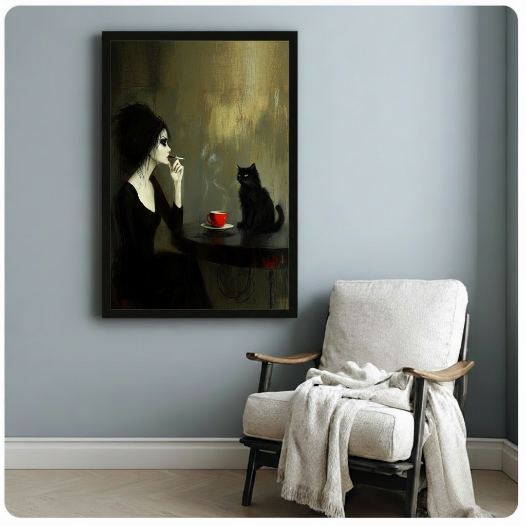 Gothic Woman Black Cat Dark Academia Canvas Art