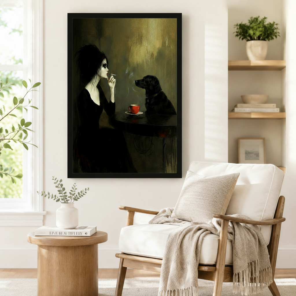 Gothic Woman Black Dog Coffee Canvas Art Wall Art