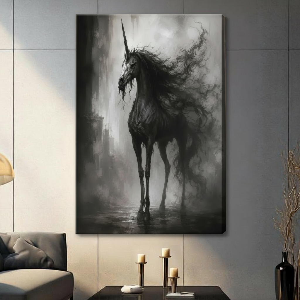 Gothic Dark Unicorn Misty Ruins Canvas Art Wall Art
