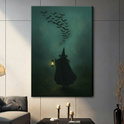 Gothic Witch Lantern Bats Dark Canvas Wall Art
