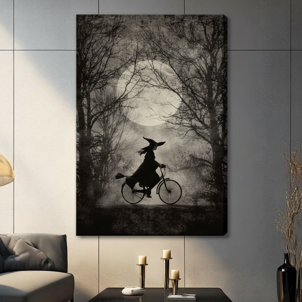 Gothic Witch Bicycle Moonlit Forest Canvas Wall Art