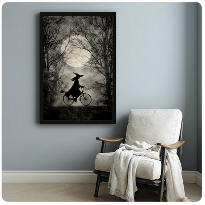 Gothic Witch Bicycle Moonlit Forest Canvas Wall Art