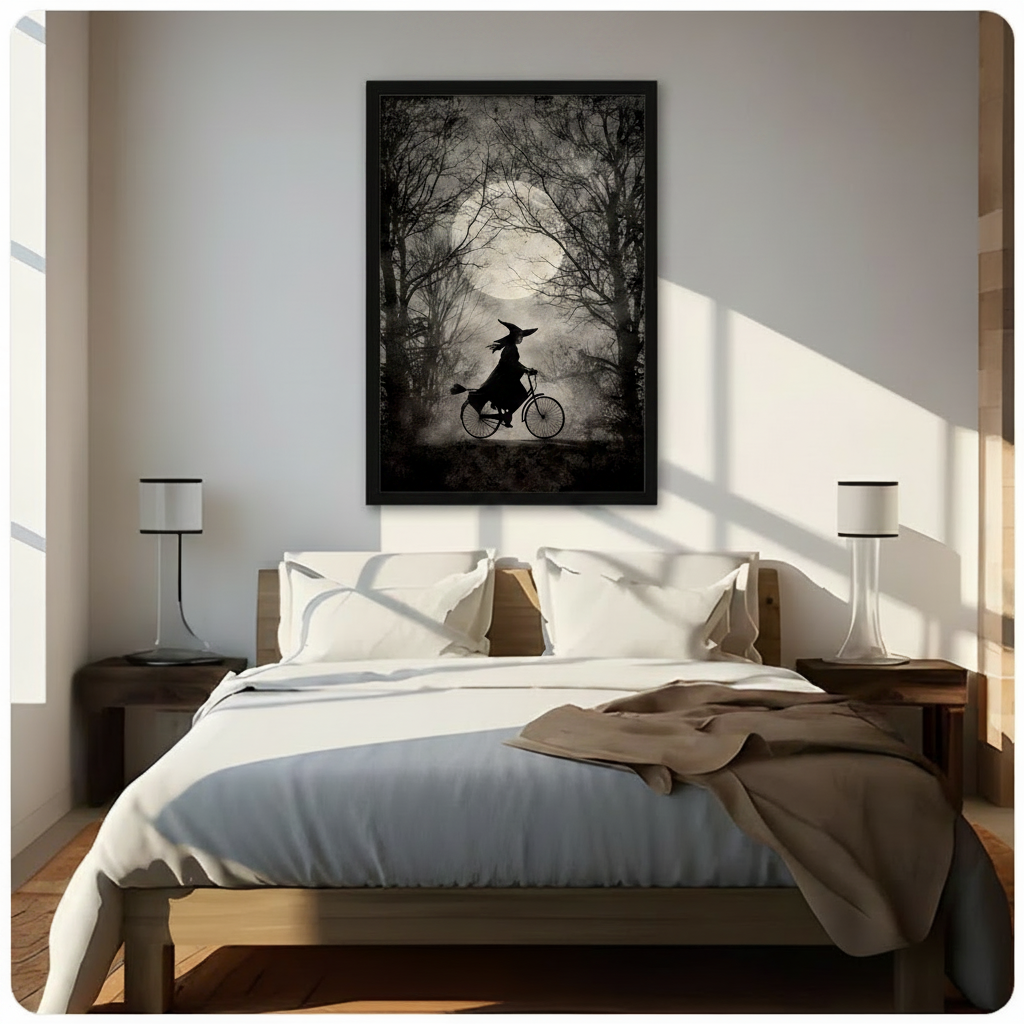 Gothic Witch Bicycle Moonlit Forest Canvas Wall Art