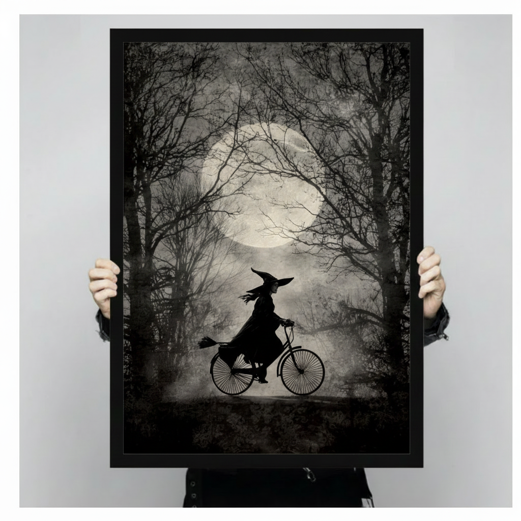Gothic Witch Bicycle Moonlit Forest Canvas Wall Art