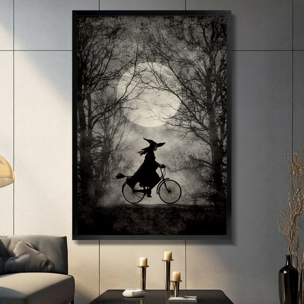Gothic Witch Bicycle Moonlit Forest Canvas Wall Art