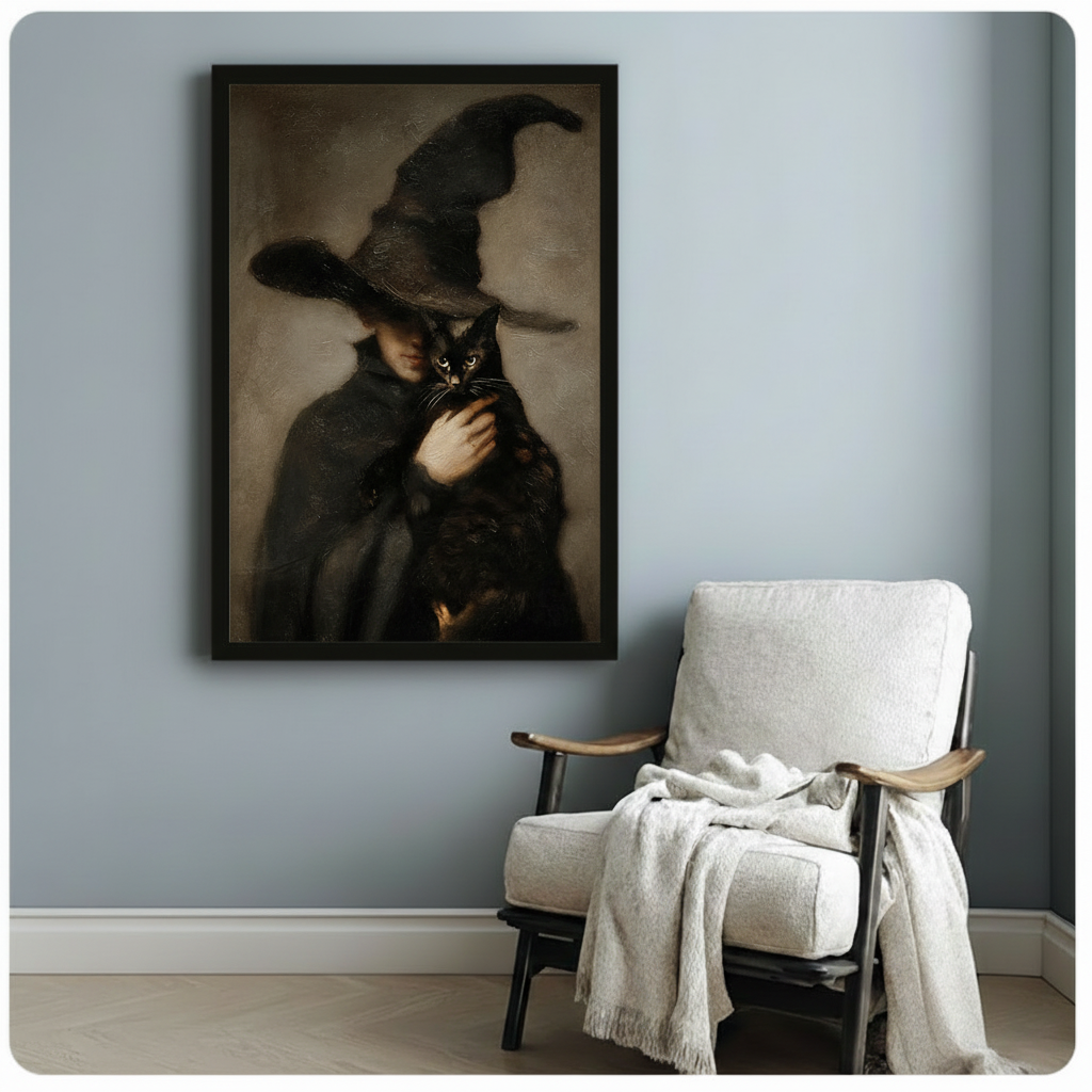 Dark Witch & Black Cat Canvas Wall Art