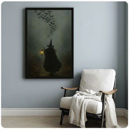 Gothic Witch Lantern Bats Night Canvas Art Wall Art