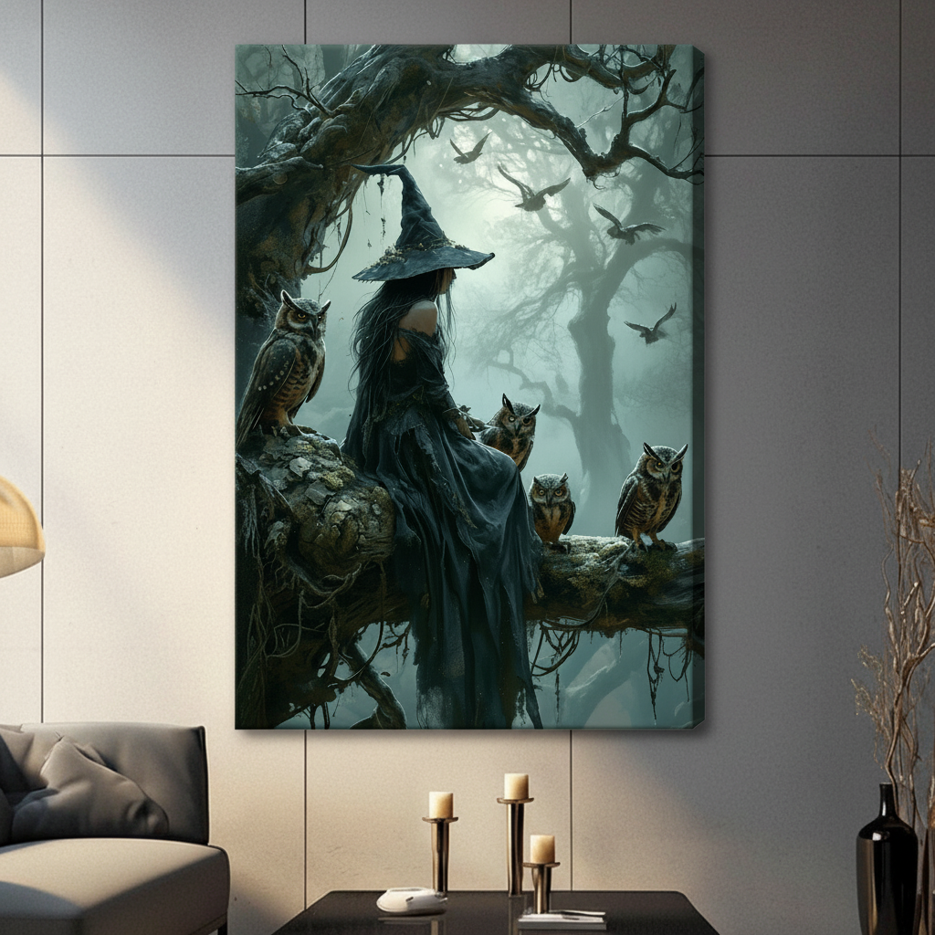 Dark Forest Witch Owl Fantasy Canvas Art Wall Art