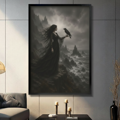 Gothic Woman Raven Stormy Cliff Canvas Art Wall Art