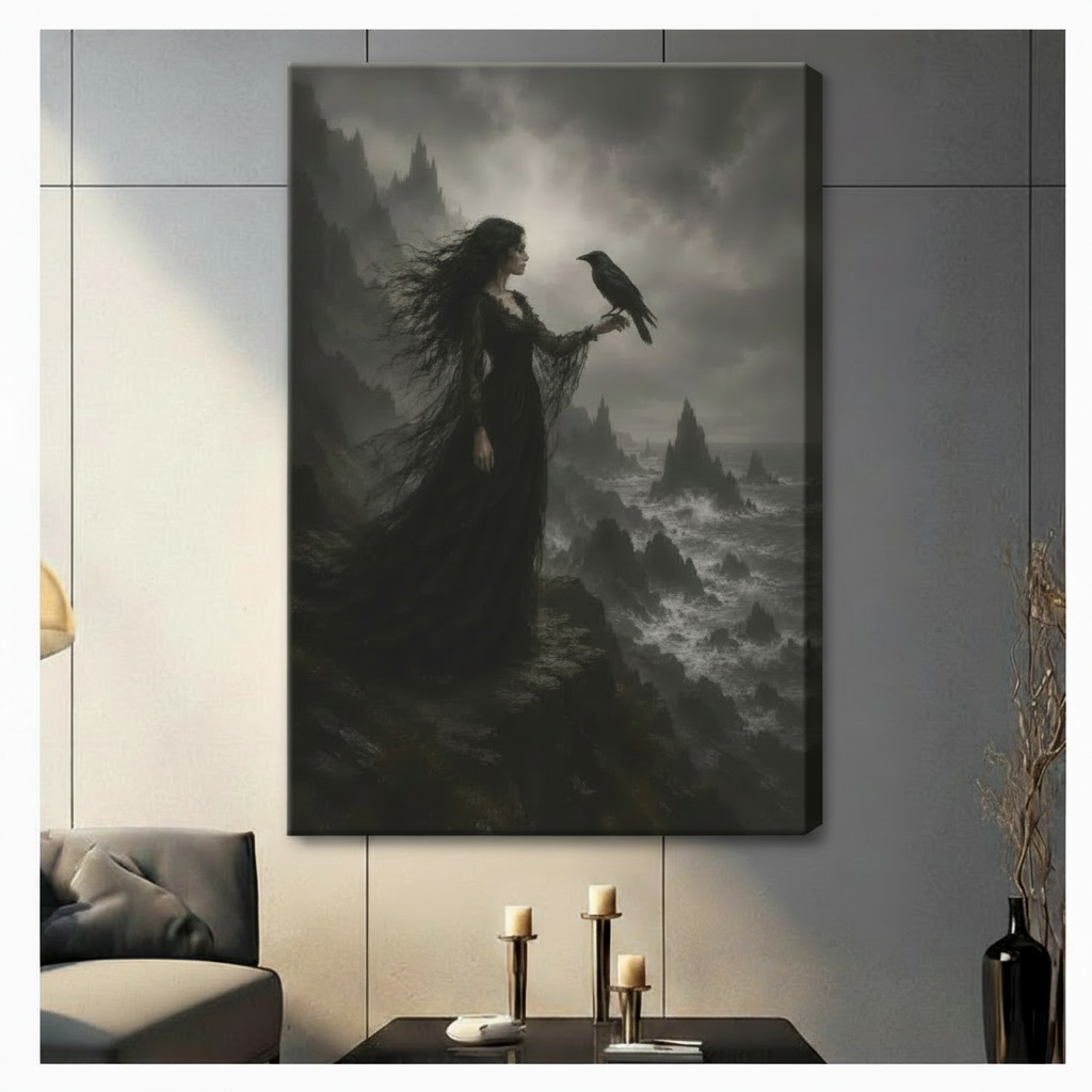 Gothic Woman Raven Stormy Cliff Canvas Art Wall Art