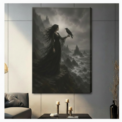 Gothic Woman Raven Stormy Cliff Canvas Art Wall Art