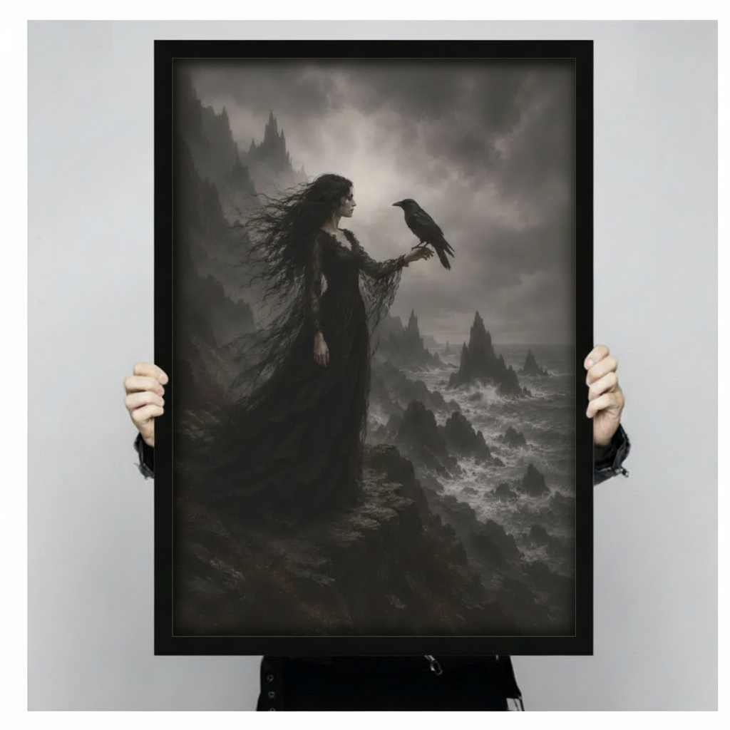 Gothic Woman Raven Stormy Cliff Canvas Art Wall Art