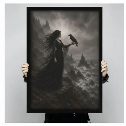 Gothic Woman Raven Stormy Cliff Canvas Art Wall Art