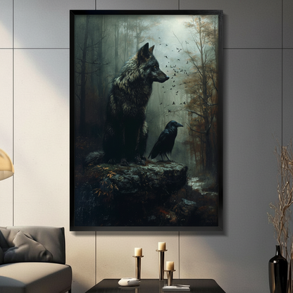 Gothic Wolf and Raven Dark Forest Oil Painting Canvas Wall Art