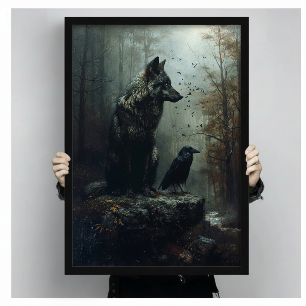Gothic Wolf and Raven Dark Forest Oil Painting Canvas Wall Art