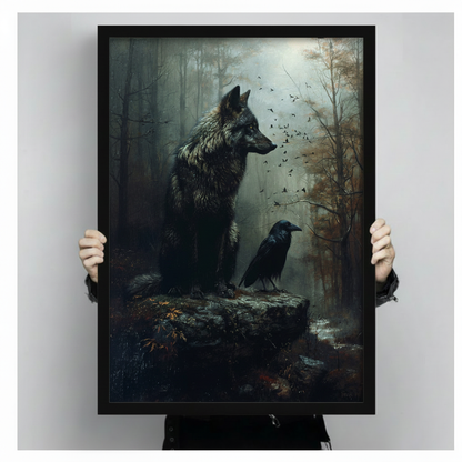 Gothic Wolf and Raven Dark Forest Oil Painting Canvas Wall Art
