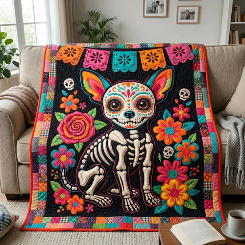 Day Of The Dead Pup Quilt Blanket