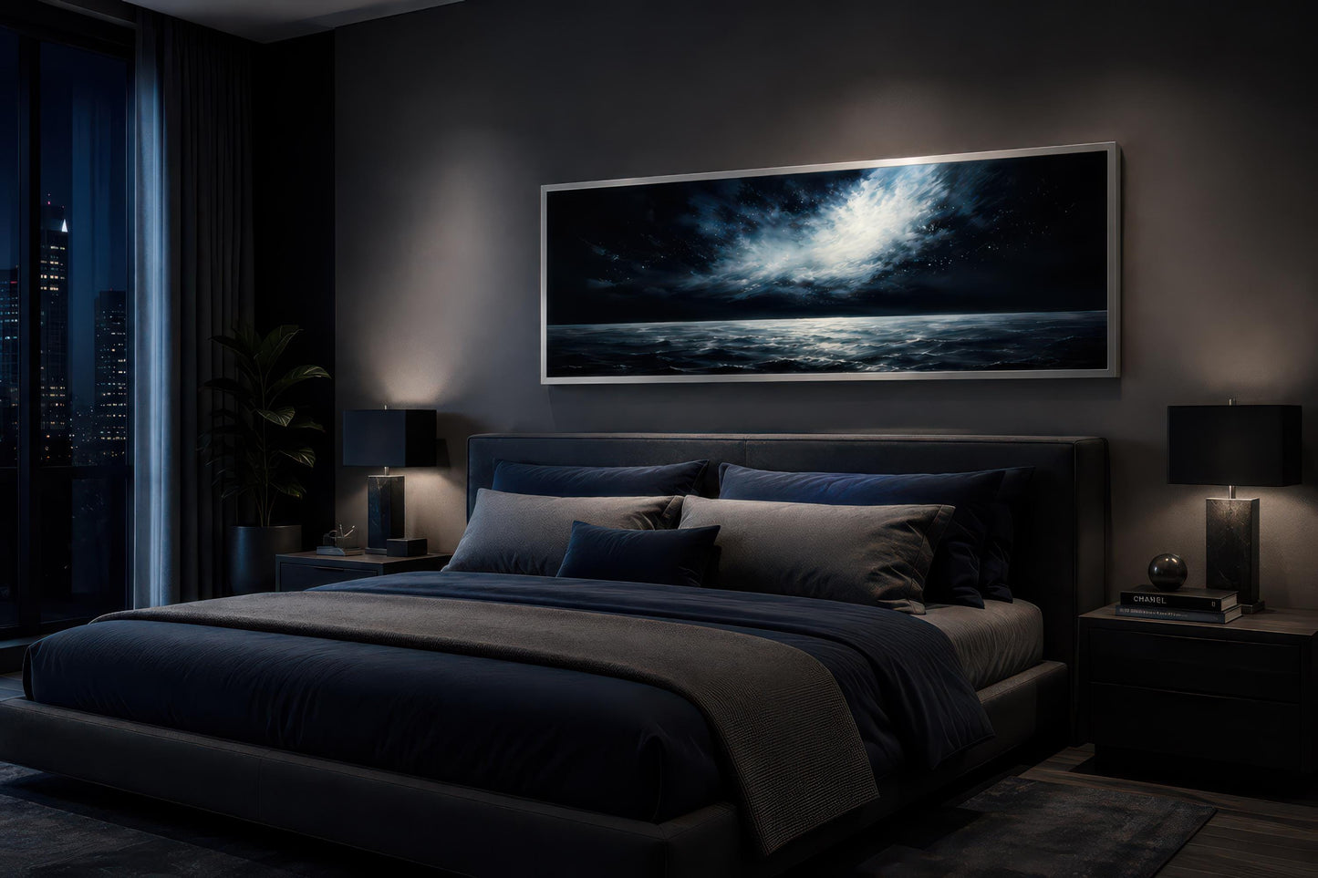Dark Navy Moonlit Ocean Night Sky Seascape Painting, Moody Masculine Bedroom Decor Canvas Wall Art
